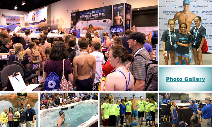 Los nadadores se alinean para participar en el reto de natación de Michael Phelps en el Aqua Zone de Omaha.